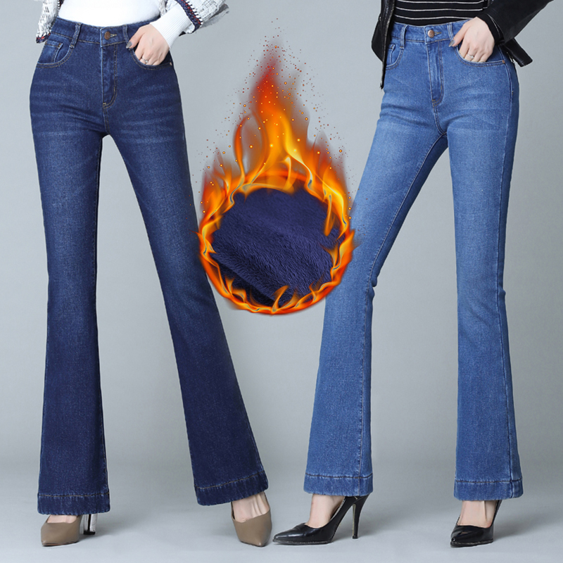 Winter Fleece Flared Pants Jeans Women  High Waist Stretch Slim TWide Legs Hick Velvet Female Denim Trousers